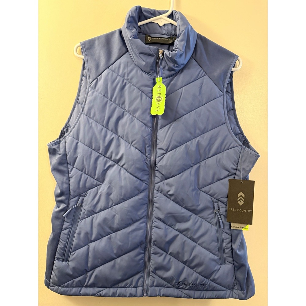 Free Country Repreve Womens Blue Puffer Vest Full Zip Quilted Pockets Collar L
